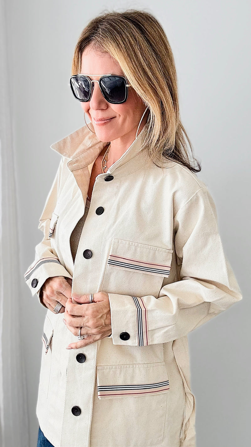 CB Custom - Bee & Ribbon Canvas Button Down Belted Jacket-160 Jackets-Rousseau-Coastal Bloom Boutique, find the trendiest versions of the popular styles and looks Located in Indialantic, FL