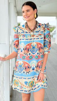 Sunlit Mosaic Ruffle Tie Dress