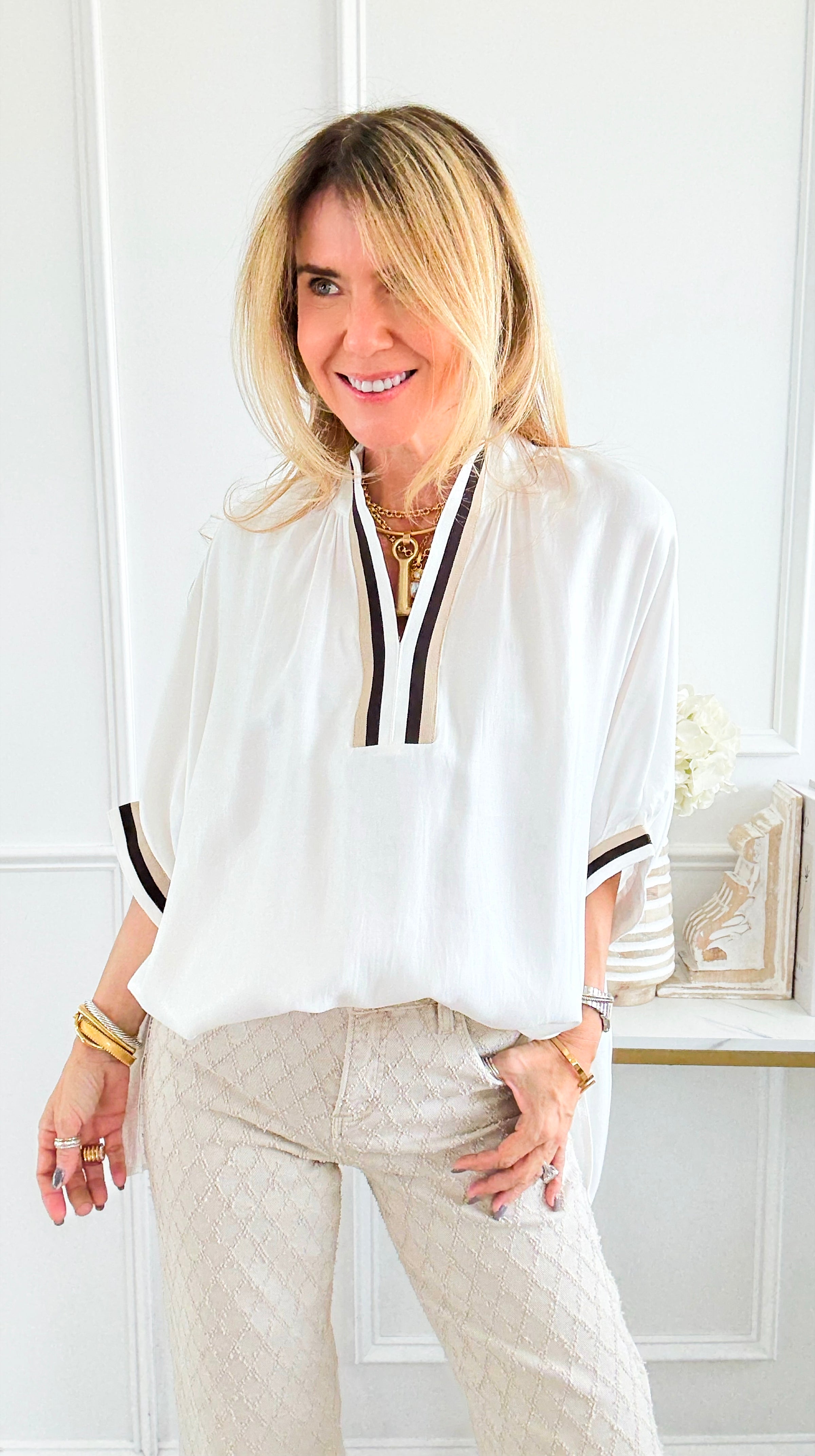 Sunset Lane V-Neck Blouse-110 Short Sleeve Tops-GLAM-Coastal Bloom Boutique, find the trendiest versions of the popular styles and looks Located in Indialantic, FL