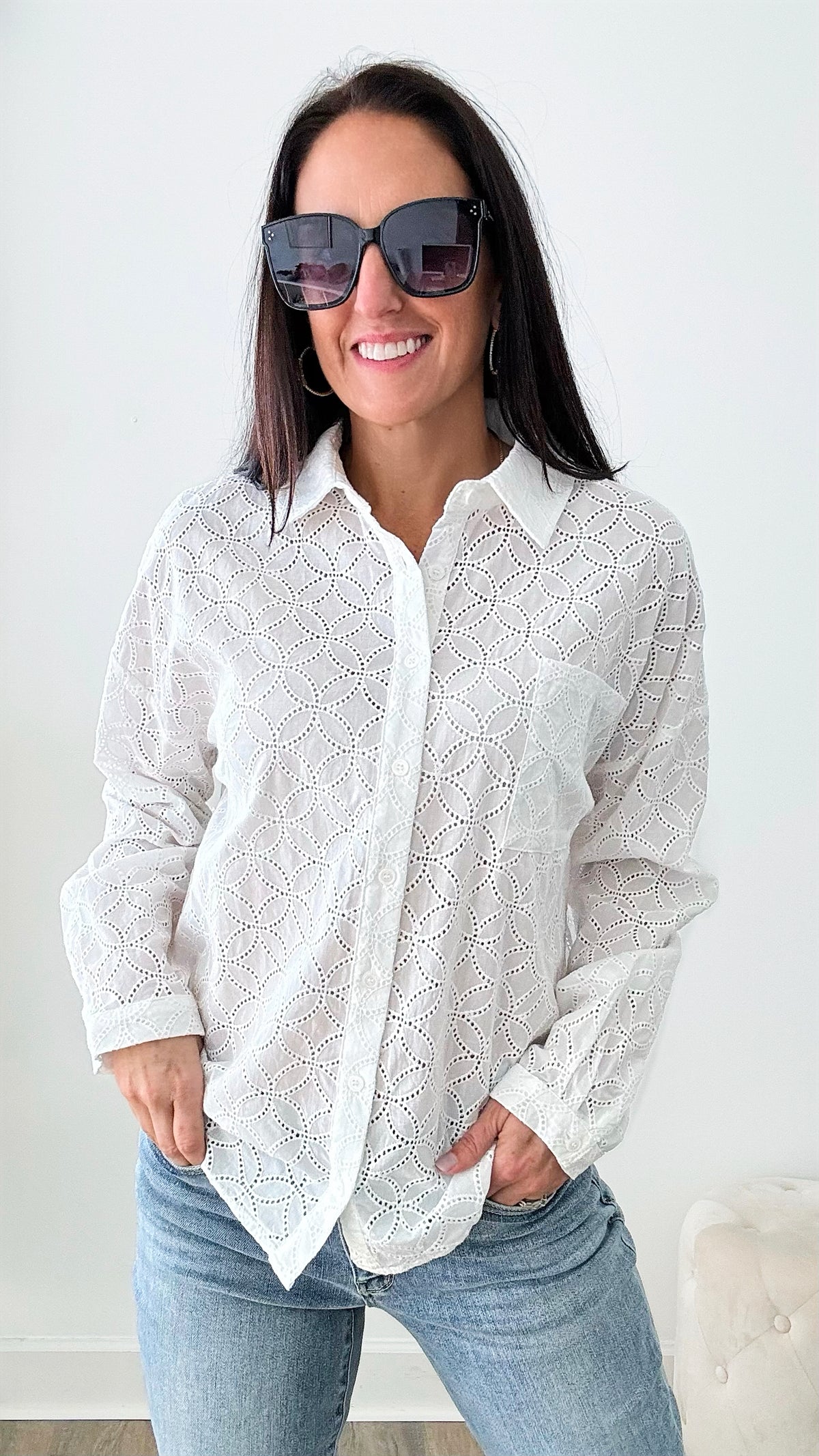 Eyelet Button Up Blouse-130 Long Sleeve Tops-Rousseau-Coastal Bloom Boutique, find the trendiest versions of the popular styles and looks Located in Indialantic, FL