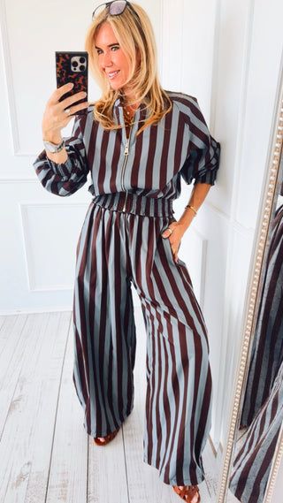 Pre Order - Contrast Italian Stripe Barrel Pant - Grey Blue