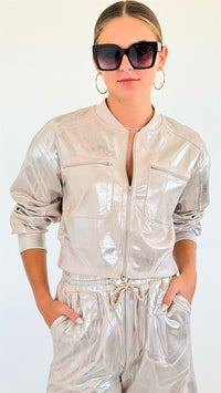 Metallic Cropped Jacket - Beige-160 Jackets-KIWI-Coastal Bloom Boutique, find the trendiest versions of the popular styles and looks Located in Indialantic, FL