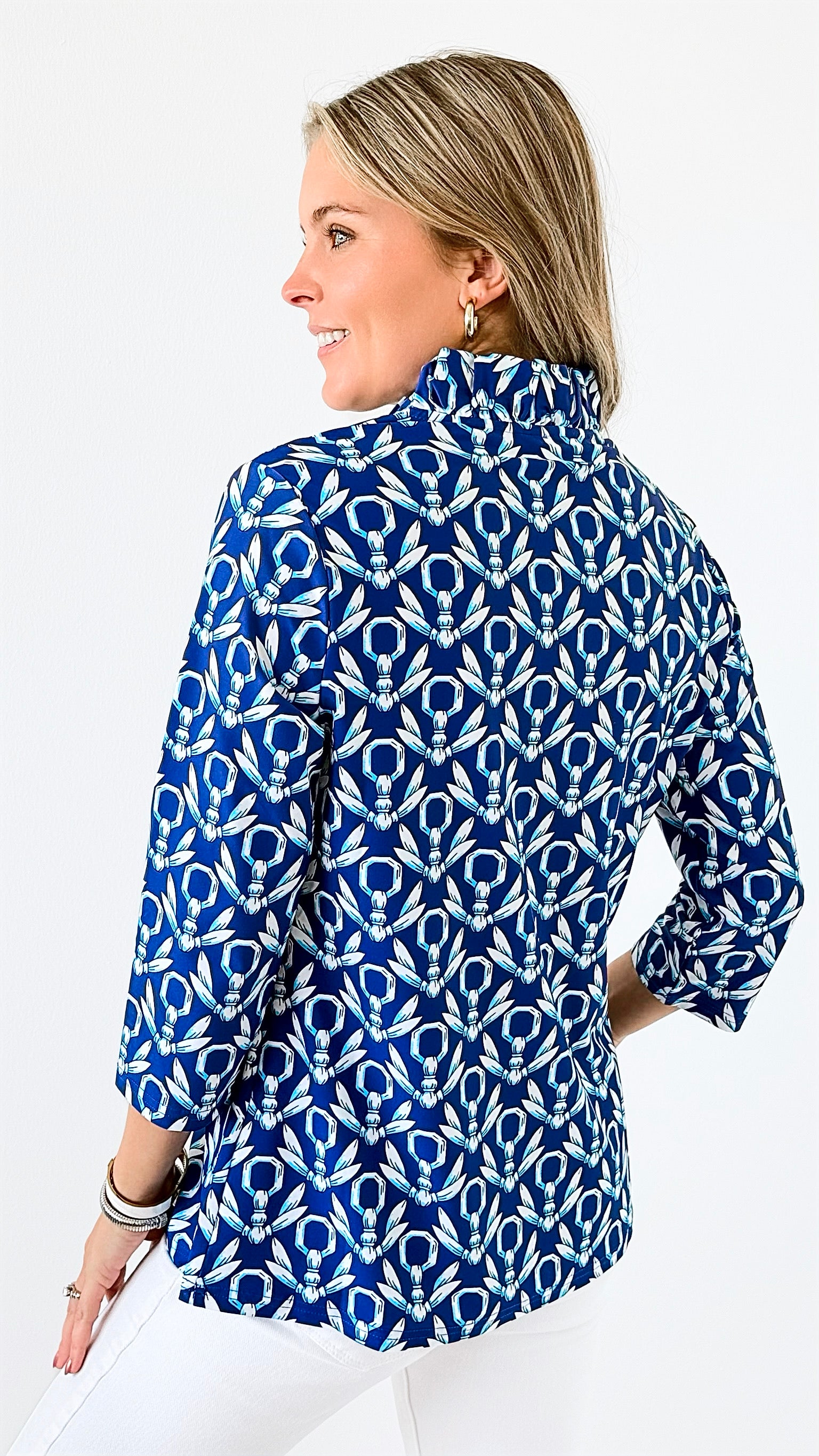 Elegant Patterned V-Neck Top-130 Long Sleeve Tops-ARYEH-Coastal Bloom Boutique, find the trendiest versions of the popular styles and looks Located in Indialantic, FL