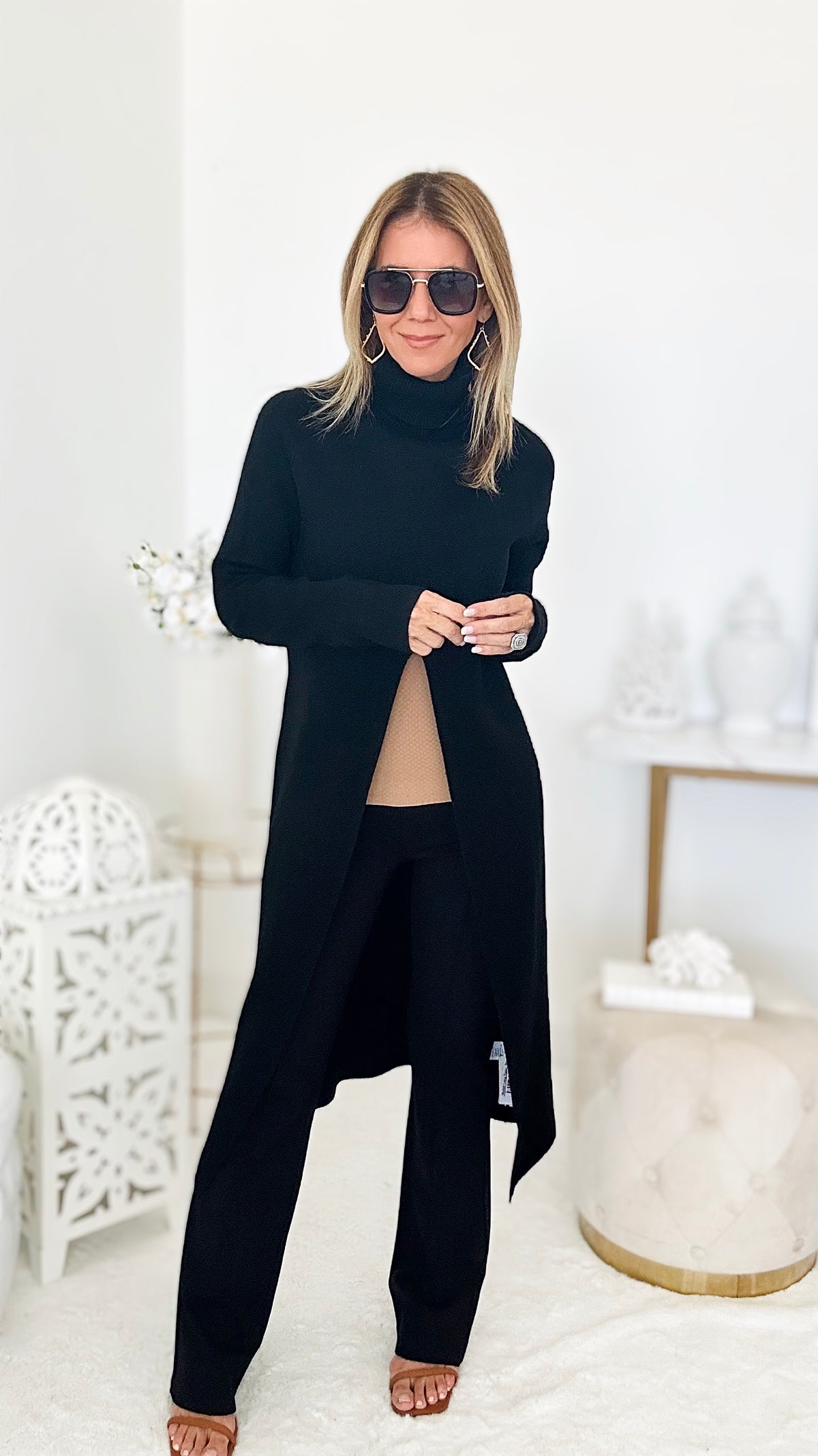 Chic Long Split Italian Sweater- Black-150 Cardigans/Layers-Yolly-Coastal Bloom Boutique, find the trendiest versions of the popular styles and looks Located in Indialantic, FL