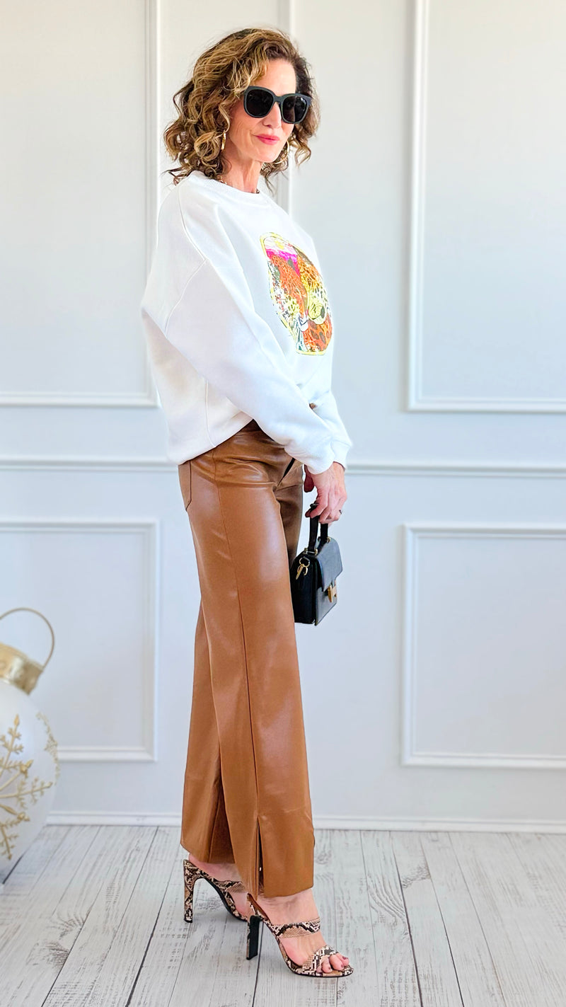 Holiday Luxe Faux Leather Flare Leg Pants - Camel-100 Pants-SO ME-Coastal Bloom Boutique, find the trendiest versions of the popular styles and looks Located in Indialantic, FL