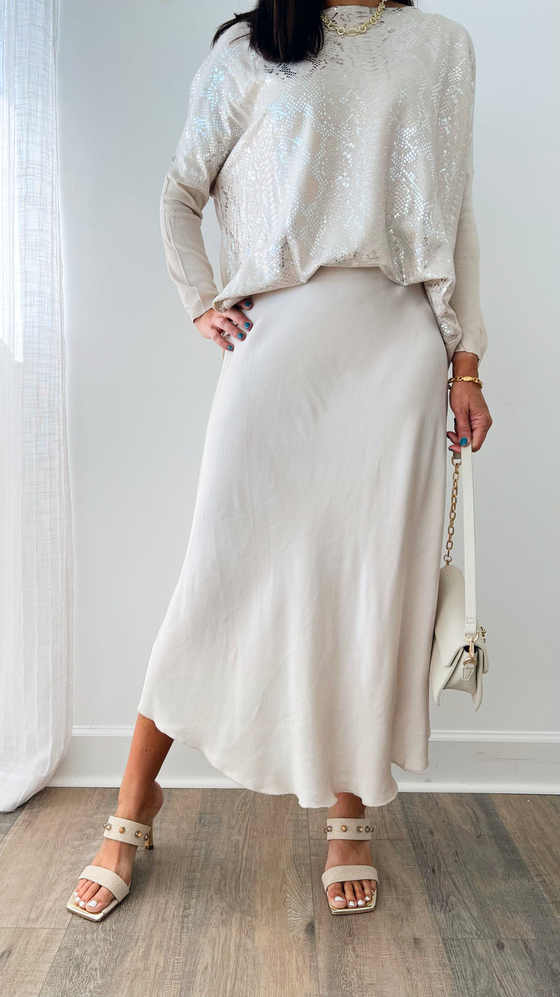 Brooklyn Italian Satin Midi Skirt - Oyster-170 Bottoms-Germany-Coastal Bloom Boutique, find the trendiest versions of the popular styles and looks Located in Indialantic, FL
