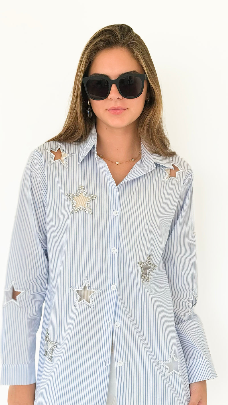 Starry Stripes Button-Down Blouse-130 Long Sleeve Tops-LC Lizette-Coastal Bloom Boutique, find the trendiest versions of the popular styles and looks Located in Indialantic, FL