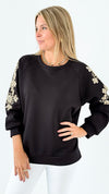 Ornate Blossom Sleeve Italian Sweater- Black-140 Sweaters-Italianissimo-Coastal Bloom Boutique, find the trendiest versions of the popular styles and looks Located in Indialantic, FL