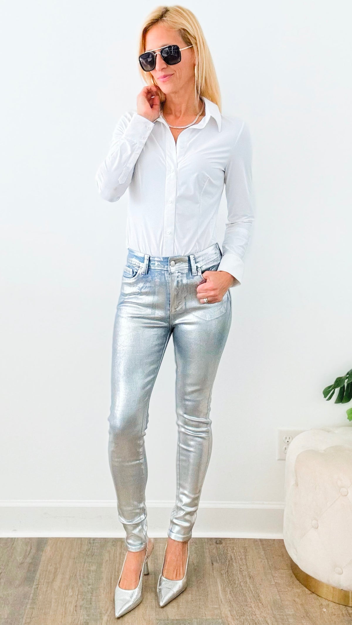 Metallic Foil Detailed Pants - Silver-170 Bottoms-Galita-Coastal Bloom Boutique, find the trendiest versions of the popular styles and looks Located in Indialantic, FL