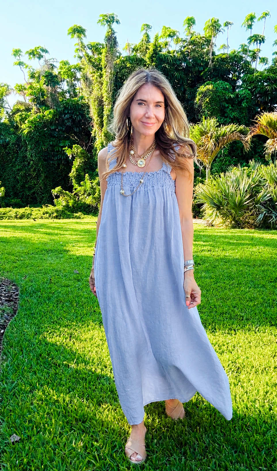 Smocked Strap Sleeveless Linen Italian Dress- Sky Blue