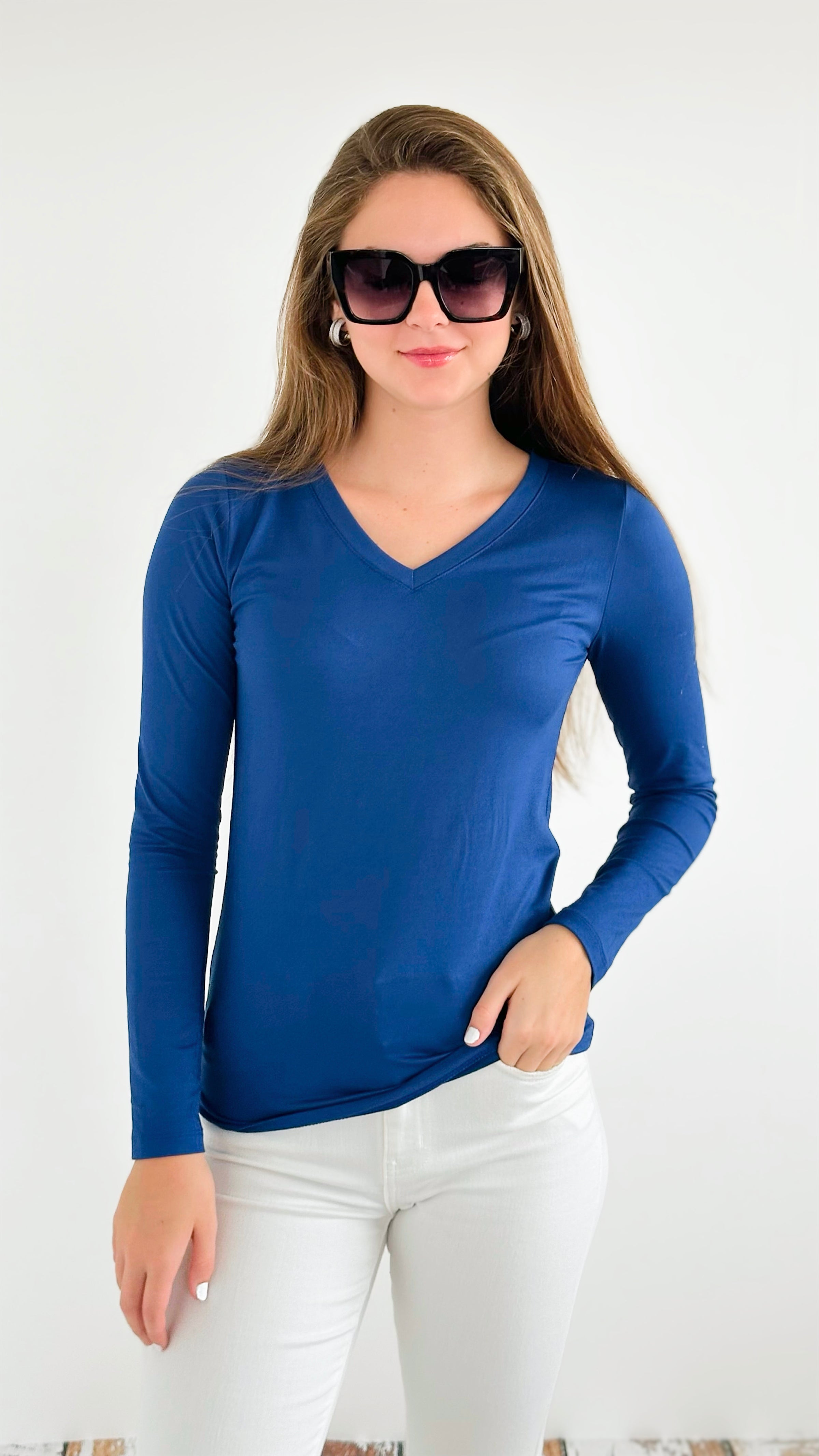 V-Neck Anniston Microfiber Tee- Navy-130 Long Sleeve Tops-Zenana-Coastal Bloom Boutique, find the trendiest versions of the popular styles and looks Located in Indialantic, FL