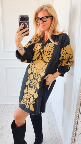 Botanical Embroidered V-Neck Dress