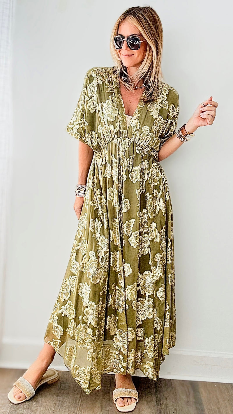 Olive & Gold Metallic Pleated Maxi Dress-200 Dresses/Jumpsuits/Rompers-en creme-Coastal Bloom Boutique, find the trendiest versions of the popular styles and looks Located in Indialantic, FL