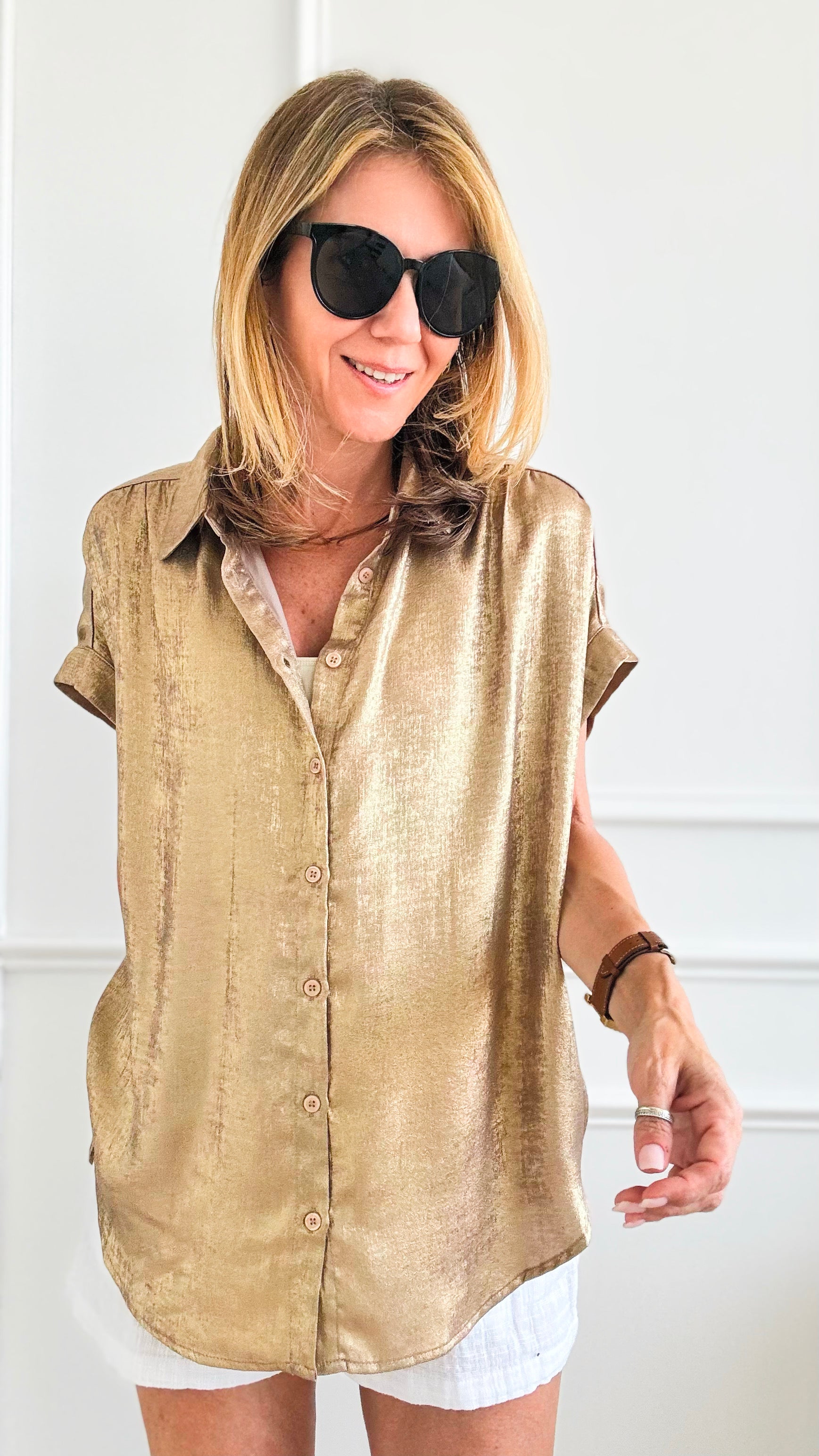 Glow Up Collared Button Up Top - Taupe-110 Short Sleeve Tops-Jodifl-Coastal Bloom Boutique, find the trendiest versions of the popular styles and looks Located in Indialantic, FL