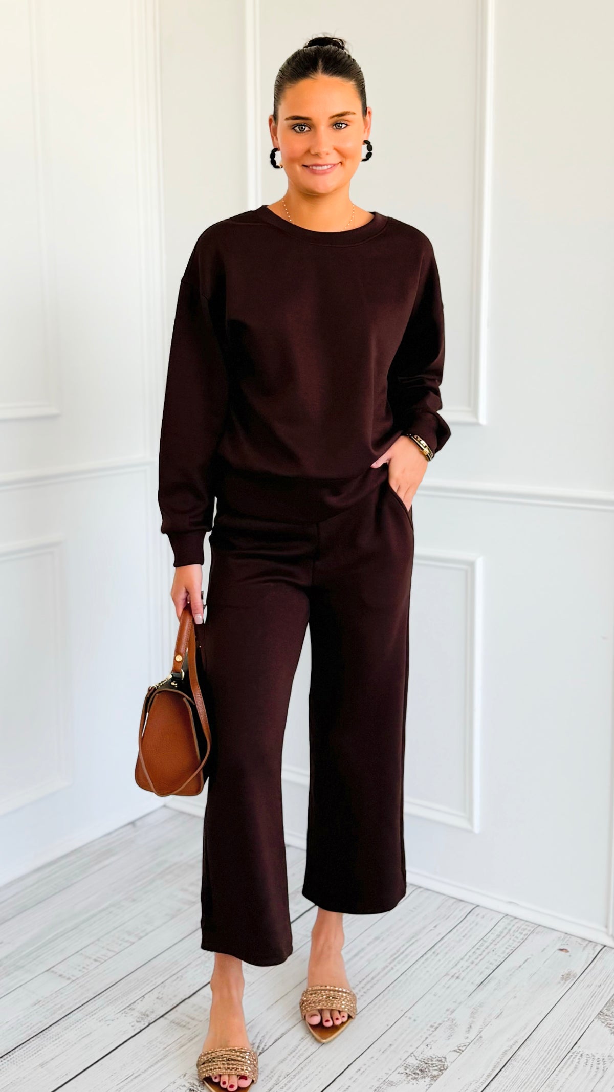 Weekender Ease Scuba 2pc Pant Set - Coffee-210 Loungewear/Sets-YELETE-Coastal Bloom Boutique, find the trendiest versions of the popular styles and looks Located in Indialantic, FL
