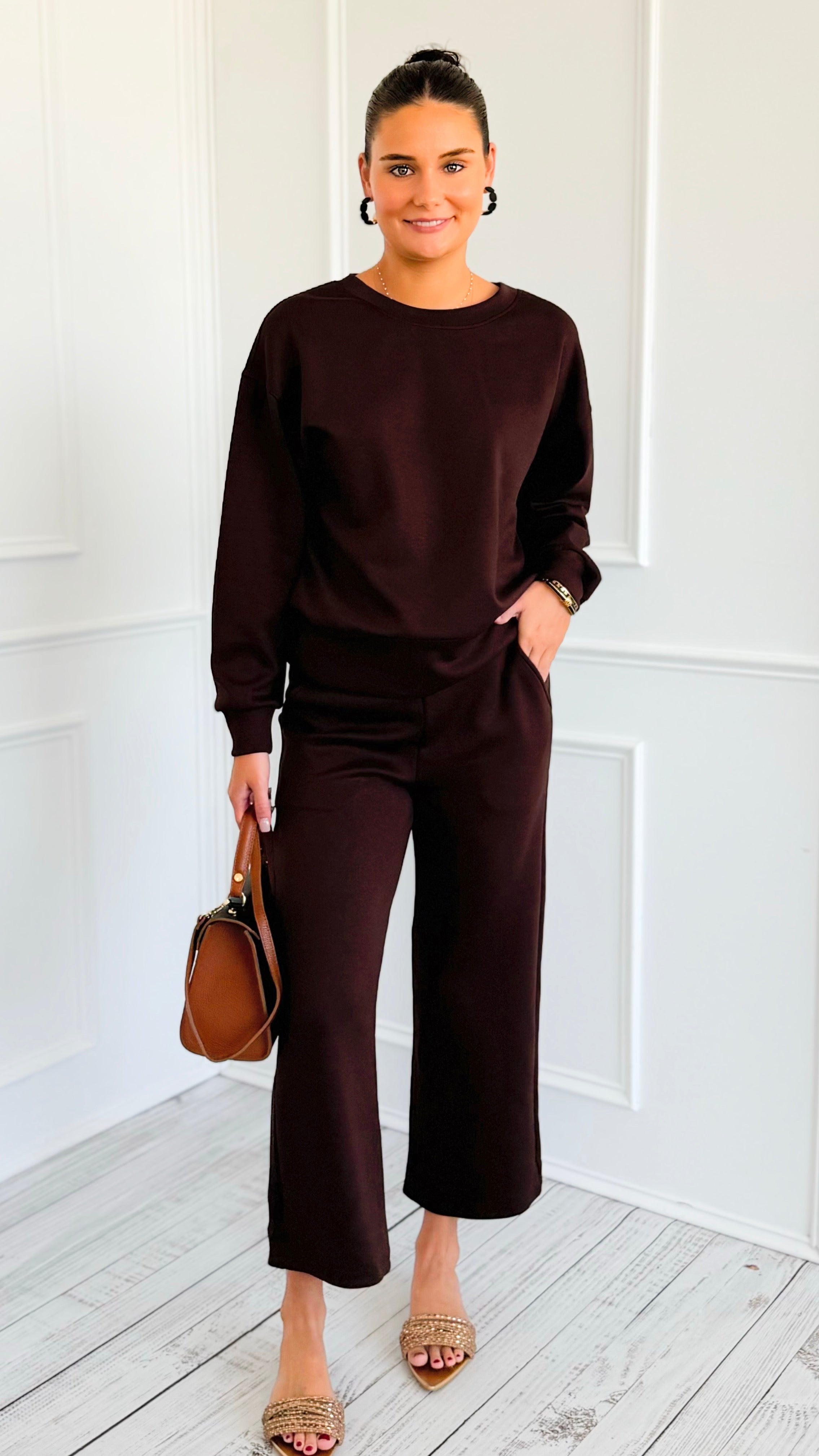 Weekender Ease Scuba 2pc Pant Set - Coffee-210 Loungewear/Sets-YELETE-Coastal Bloom Boutique, find the trendiest versions of the popular styles and looks Located in Indialantic, FL