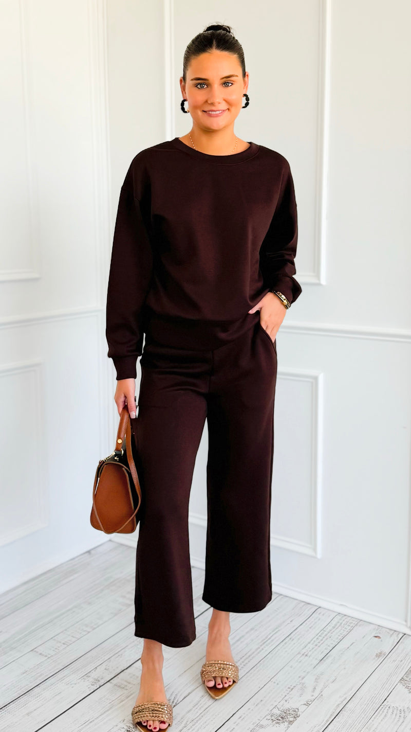 Weekender Ease Scuba 2pc Pant Set - Coffee-210 Loungewear/Sets-YELETE-Coastal Bloom Boutique, find the trendiest versions of the popular styles and looks Located in Indialantic, FL
