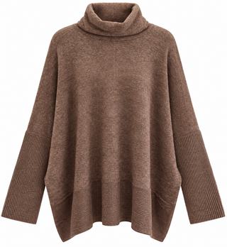 Relaxed Turtleneck Poncho Sweater  - Brown