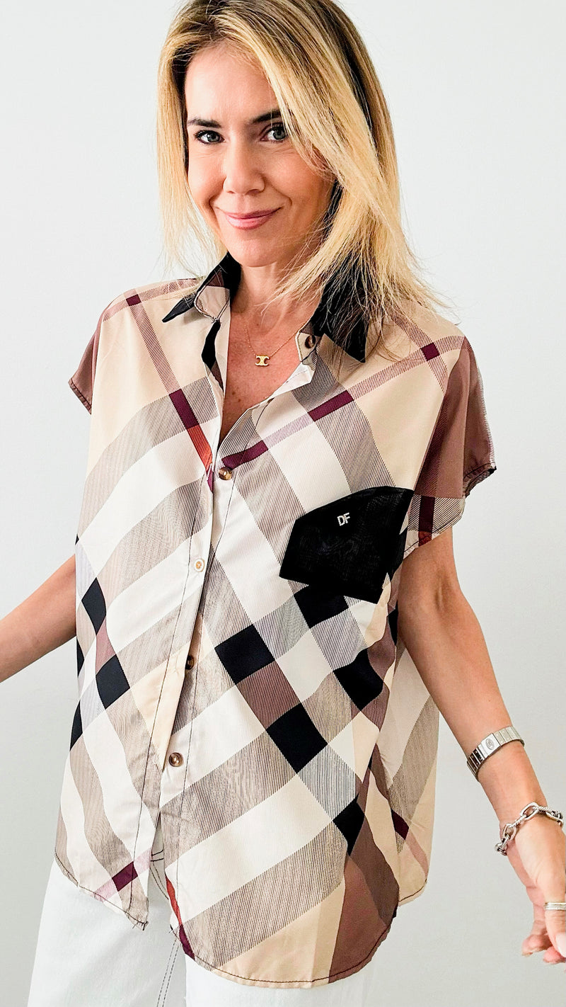 Elevated Plaid Short Sleeves Blouse-Beige-110 Short Sleeve Tops-CBALY-Coastal Bloom Boutique, find the trendiest versions of the popular styles and looks Located in Indialantic, FL