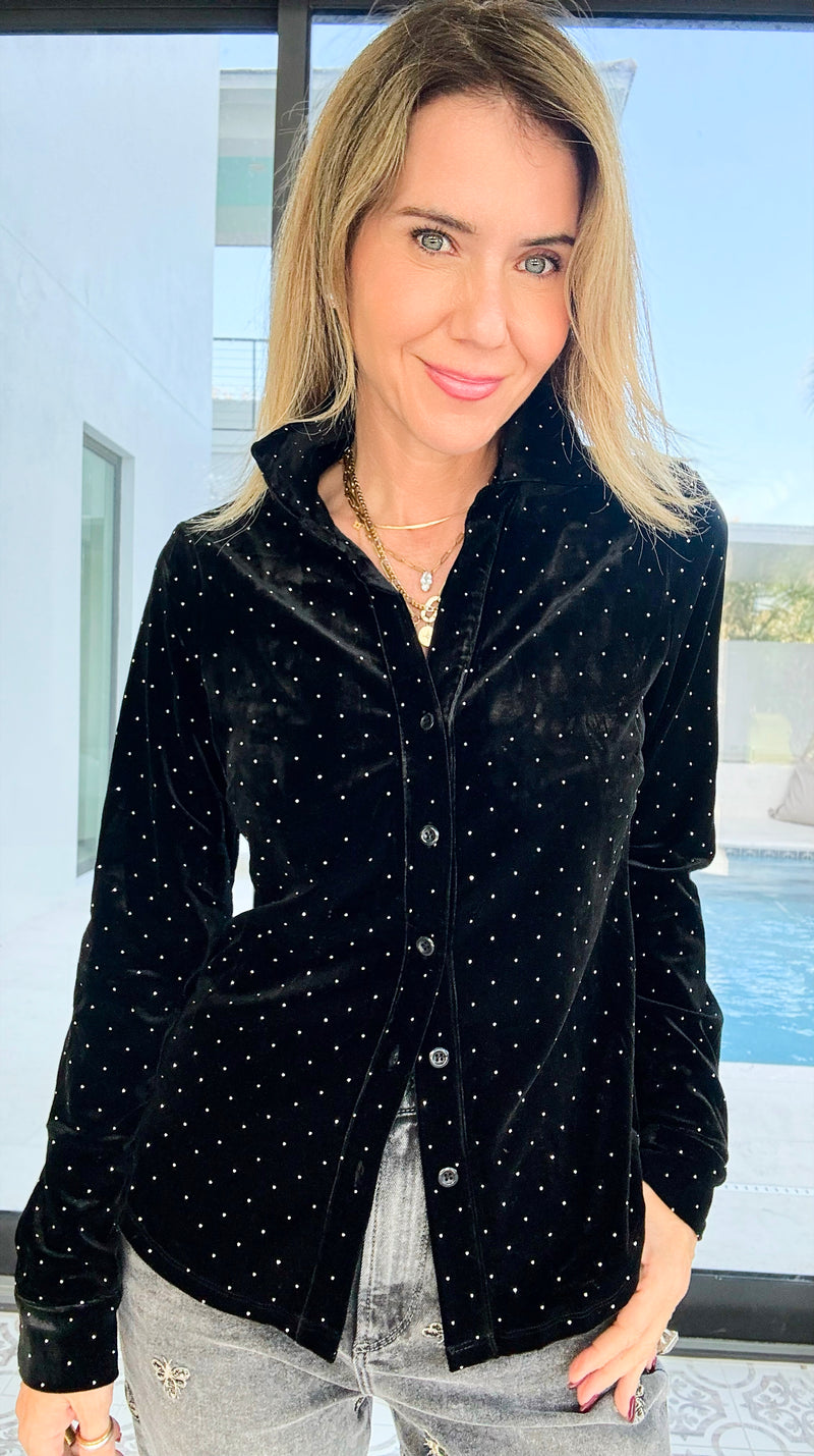 Midnight Stardust Velvet Blouse-130 Long Sleeve Tops-Must Have-Coastal Bloom Boutique, find the trendiest versions of the popular styles and looks Located in Indialantic, FL