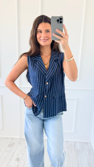 Casual Lines Italian Linen Vest- Navy/White