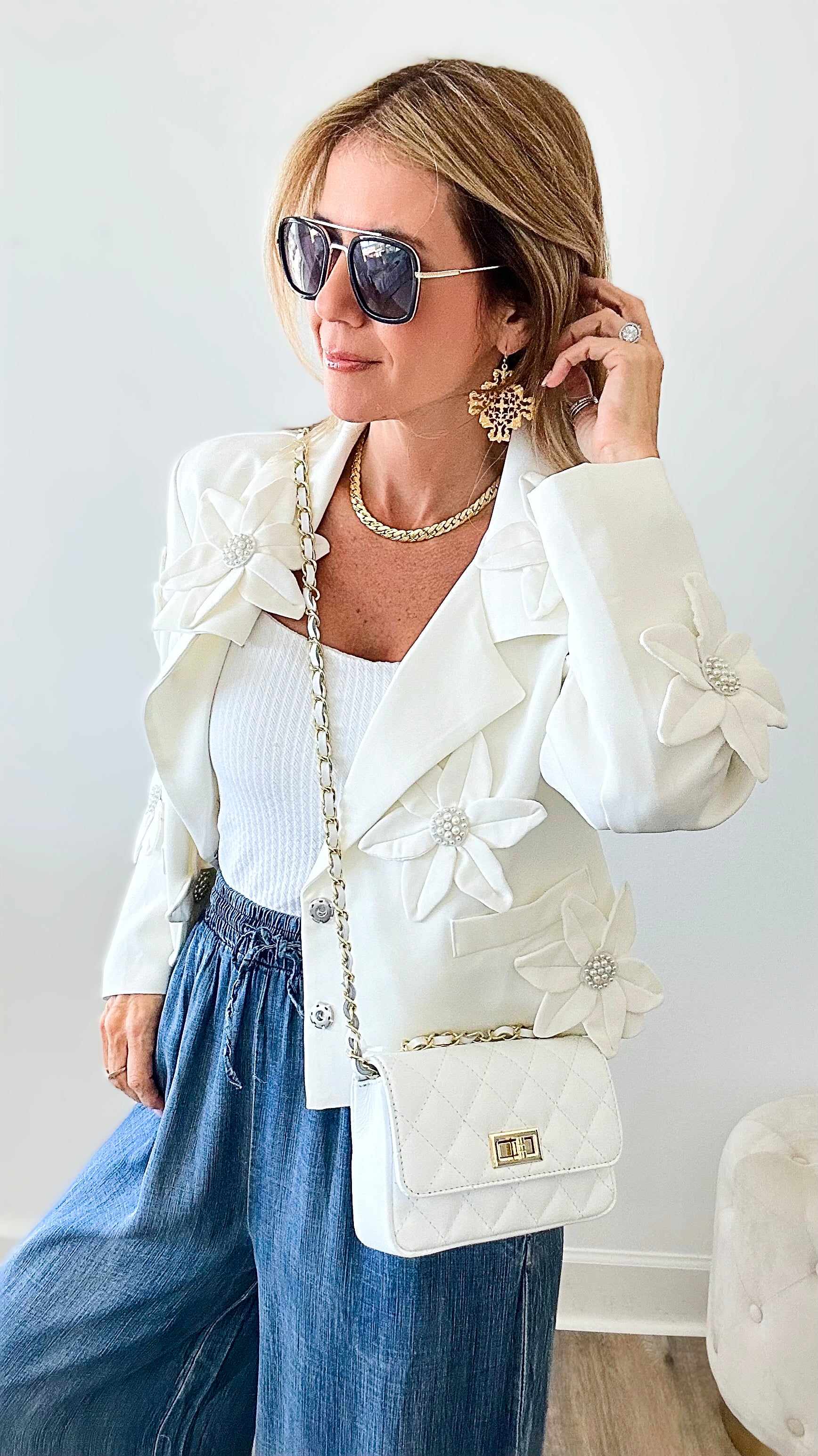 Popping Petunia Blazer - White-160 Jackets-LA' ROS-Coastal Bloom Boutique, find the trendiest versions of the popular styles and looks Located in Indialantic, FL