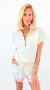 Ruffle Collar Zip Front Knit Top & Shorts Set - Cream-110 short Sleeve Top-Umgee-Coastal Bloom Boutique, find the trendiest versions of the popular styles and looks Located in Indialantic, FL