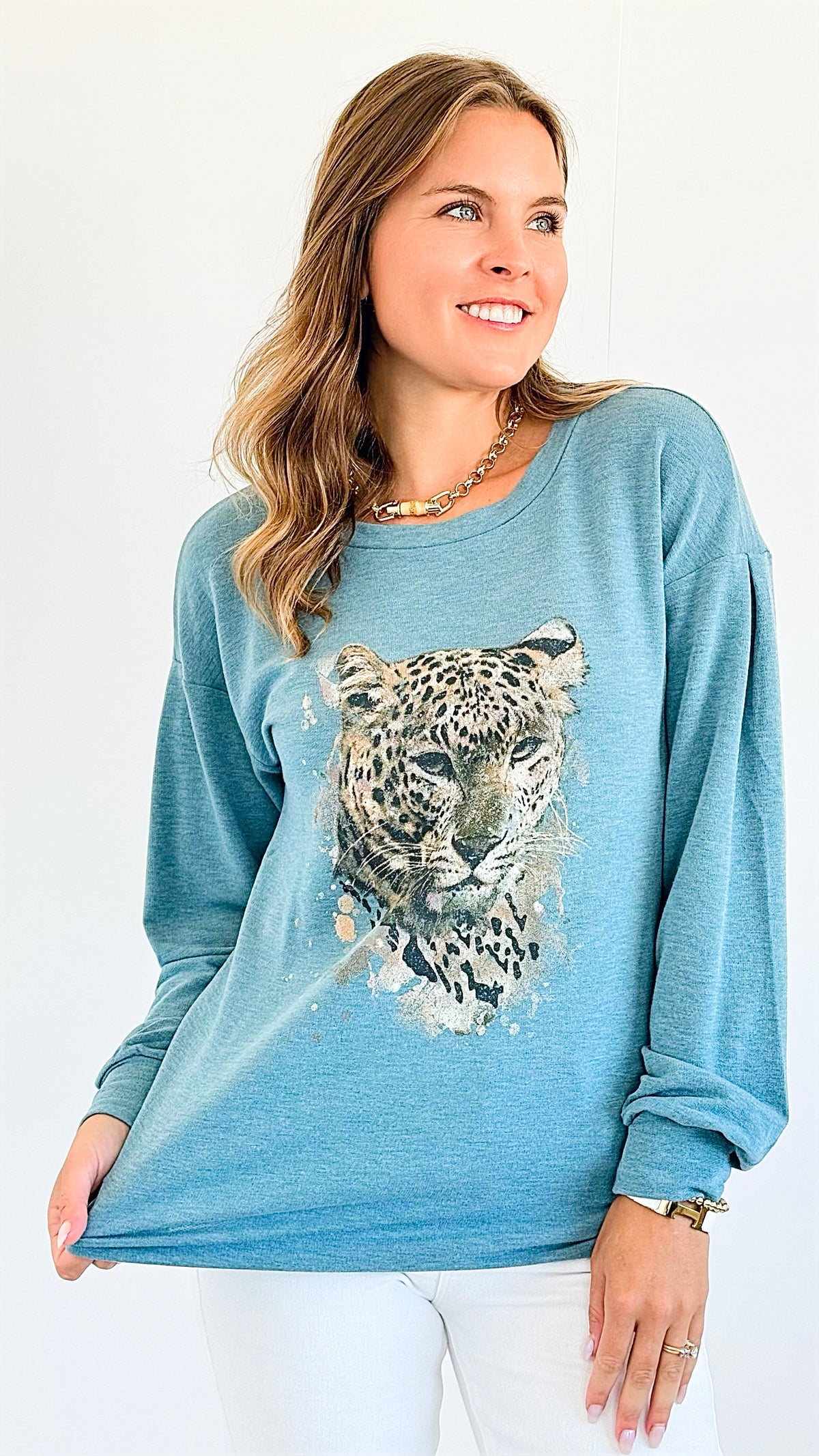 Jungle Icon Relaxed Top - Teal-130 Long Sleeve Tops-mystree-Coastal Bloom Boutique, find the trendiest versions of the popular styles and looks Located in Indialantic, FL