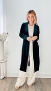 Velvet Duster Coat - Hunter Green-160 Jackets-skies are blue-Coastal Bloom Boutique, find the trendiest versions of the popular styles and looks Located in Indialantic, FL