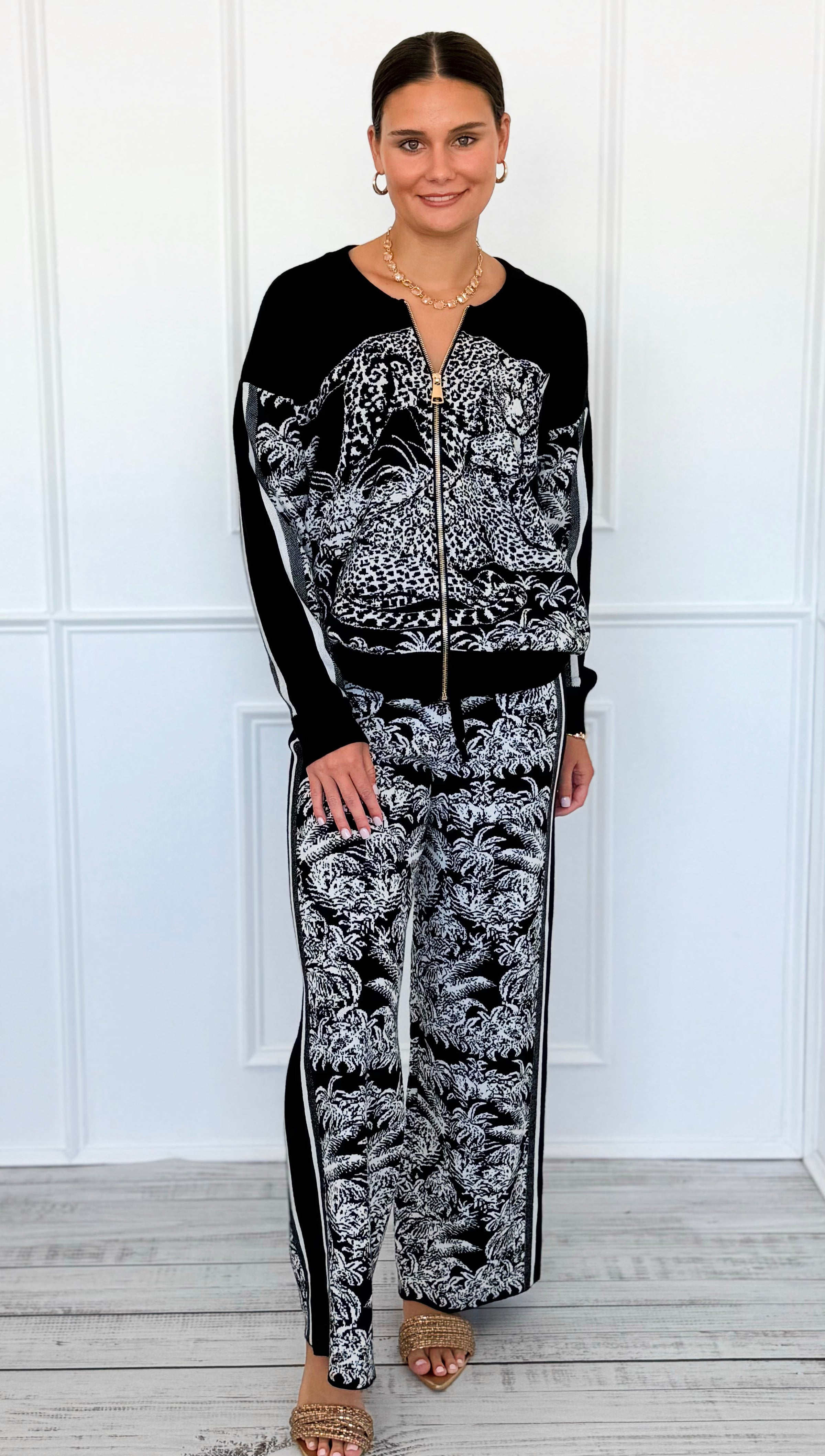 Elegant Jungle Italian Zip- Up Set- Black-210 Loungewear/Sets-K2-Coastal Bloom Boutique, find the trendiest versions of the popular styles and looks Located in Indialantic, FL