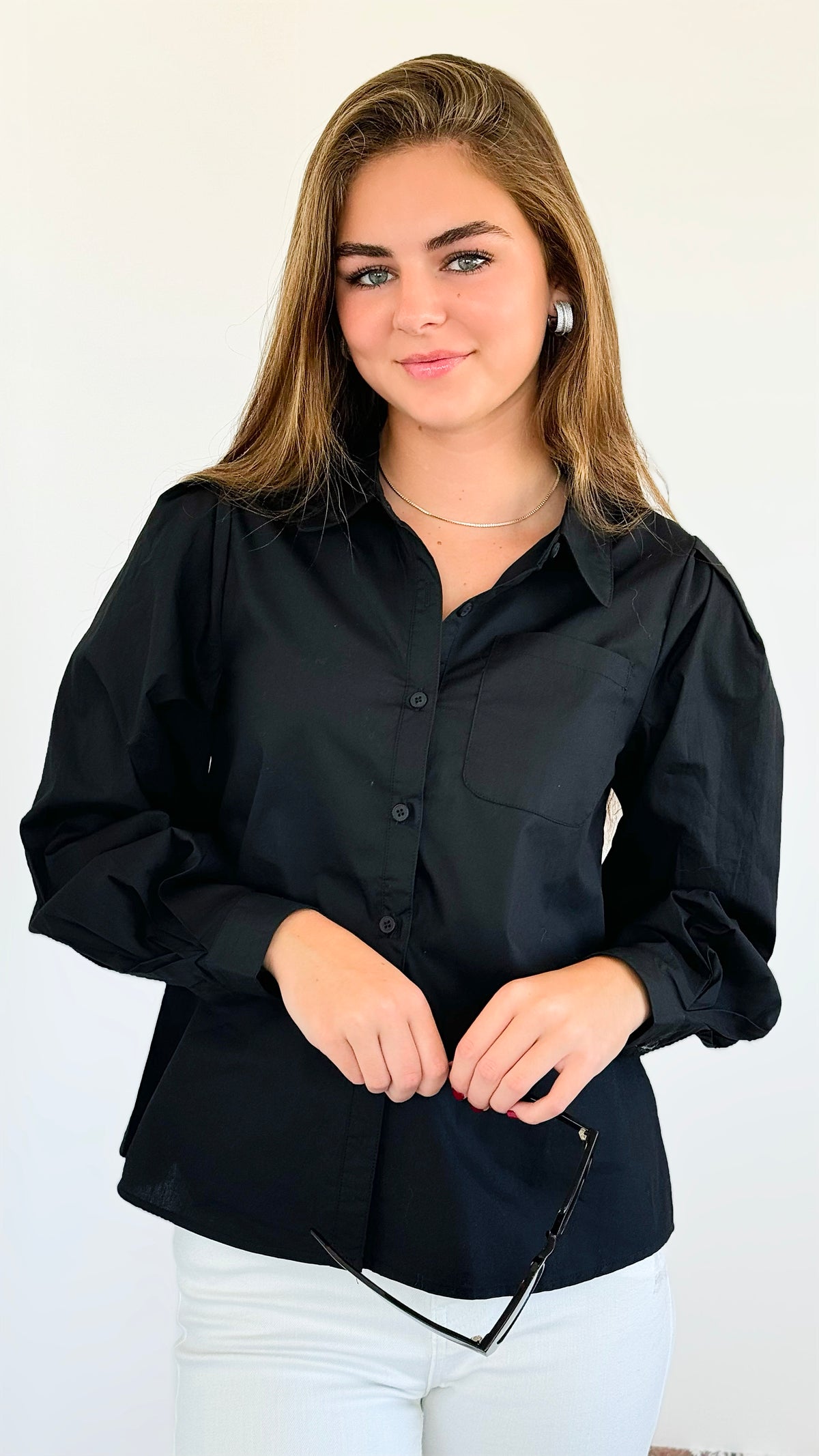 Poplin Puff Sleeve Solid Shirt Top - Black-130 Long Sleeve Tops-VERY J-Coastal Bloom Boutique, find the trendiest versions of the popular styles and looks Located in Indialantic, FL