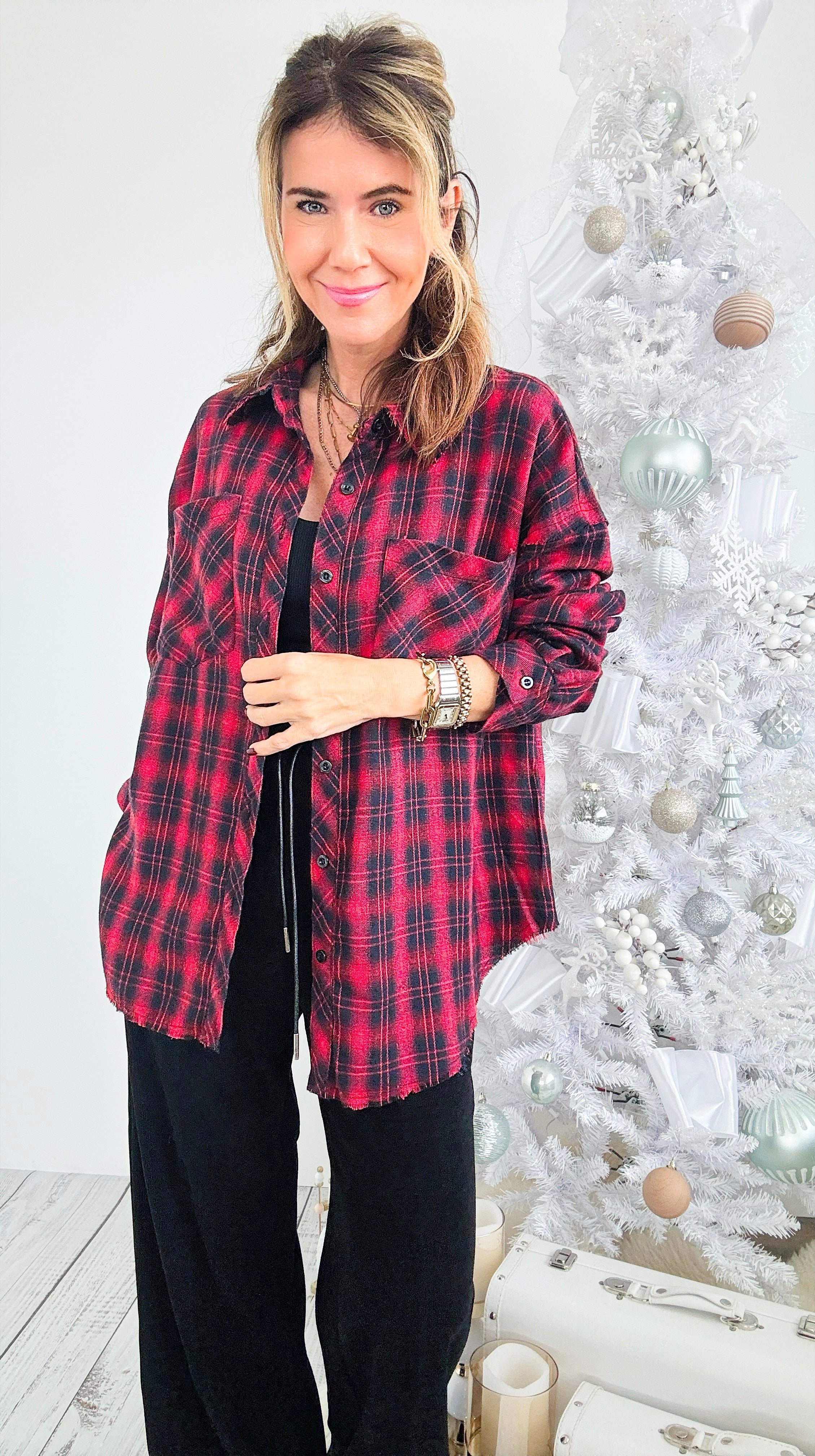 R&R Patch Plaid Oversized Top-130 Long Sleeve Tops-Rousseau-Coastal Bloom Boutique, find the trendiest versions of the popular styles and looks Located in Indialantic, FL