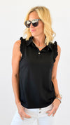 Ruffled Charm Polo Tank - Black-100 Sleeveless Tops-ARYEH-Coastal Bloom Boutique, find the trendiest versions of the popular styles and looks Located in Indialantic, FL