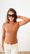 Mock Neck Ribbed Camel Long Sleeve Top-140 Sweaters-LOVE TREE-Coastal Bloom Boutique, find the trendiest versions of the popular styles and looks Located in Indialantic, FL