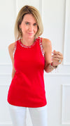 Metallic Foil Detailed Ribbed Italian Tank - Red/ Silver-100 Sleeveless Tops-Italianissimo-Coastal Bloom Boutique, find the trendiest versions of the popular styles and looks Located in Indialantic, FL