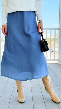 Denim Italian Midi Skirt- Medium-170 Bottoms-Italianissimo-Coastal Bloom Boutique, find the trendiest versions of the popular styles and looks Located in Indialantic, FL