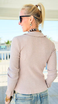 Ruffle Button-Long Sleeve Tops - Oatmeal