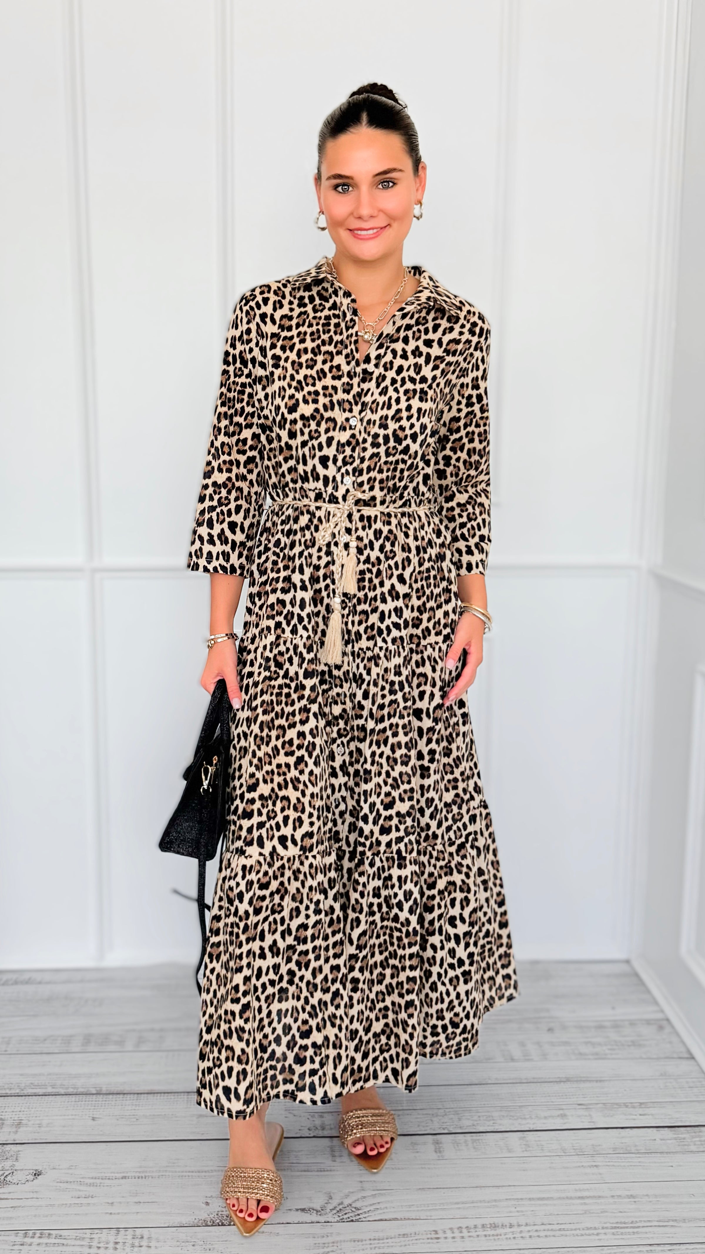 Leopard Paws Button Italian Long Dress-200 Dresses/Jumpsuits/Rompers-FH GROUP-Coastal Bloom Boutique, find the trendiest versions of the popular styles and looks Located in Indialantic, FL