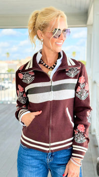 Botanical Zip-Front Knit Cardigan