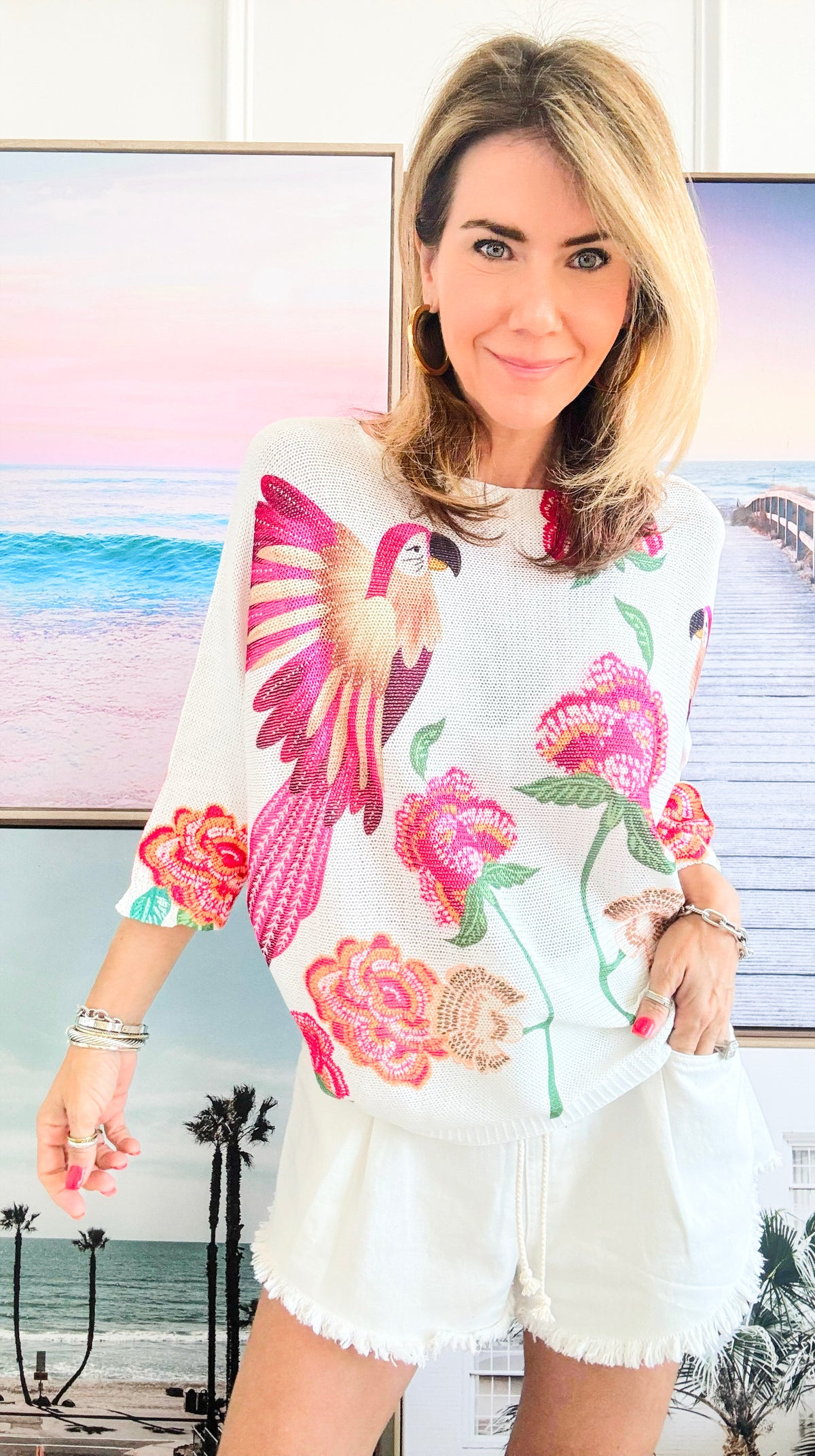Feathered Flora Italian St Tropez - Fuschia White-140 Sweaters-Italianissimo-Coastal Bloom Boutique, find the trendiest versions of the popular styles and looks Located in Indialantic, FL