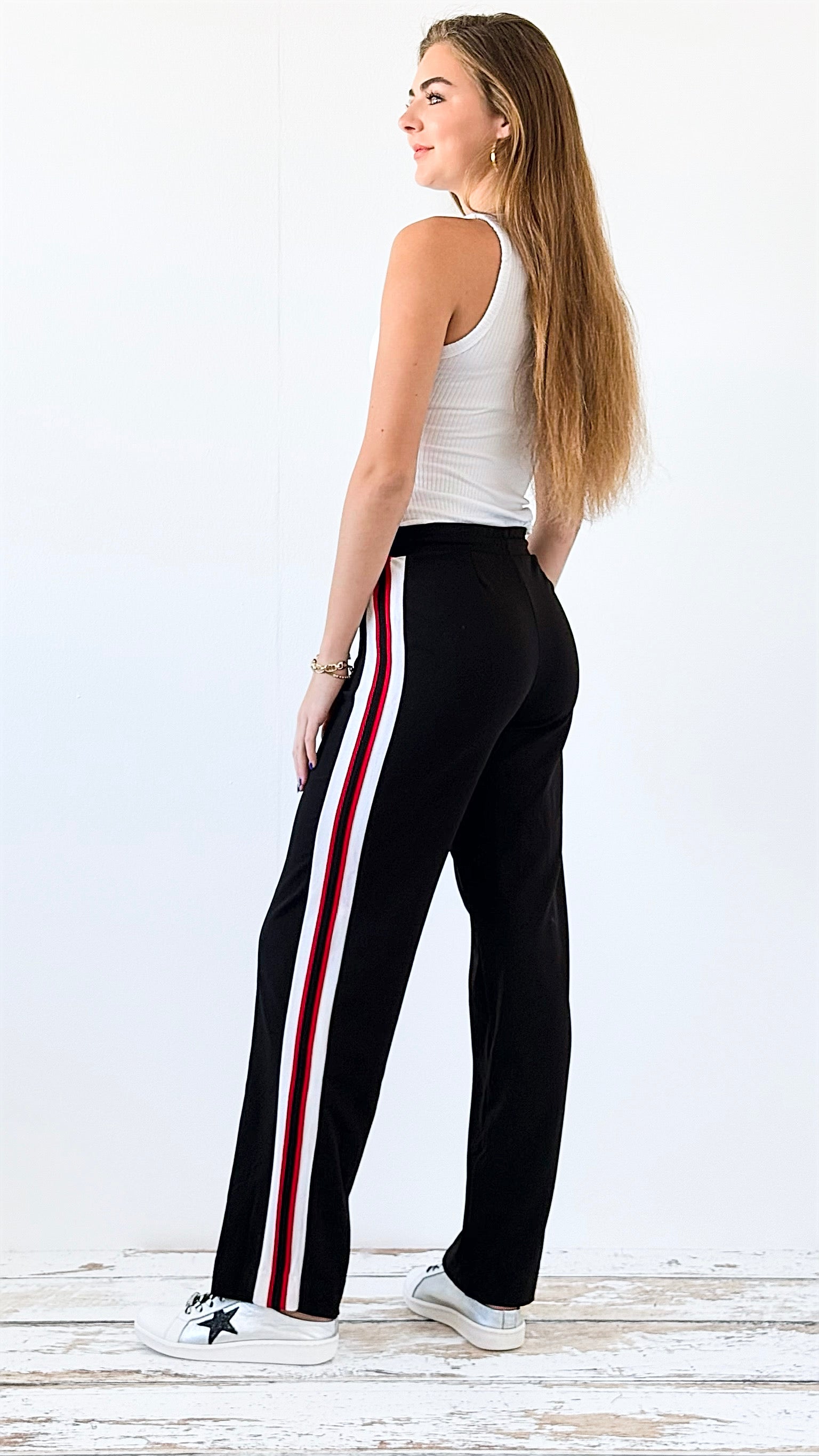 Side Stripe Wide-Leg Track Pants- Black/Red-100 Pants-Boom Boom Jeans-Coastal Bloom Boutique, find the trendiest versions of the popular styles and looks Located in Indialantic, FL