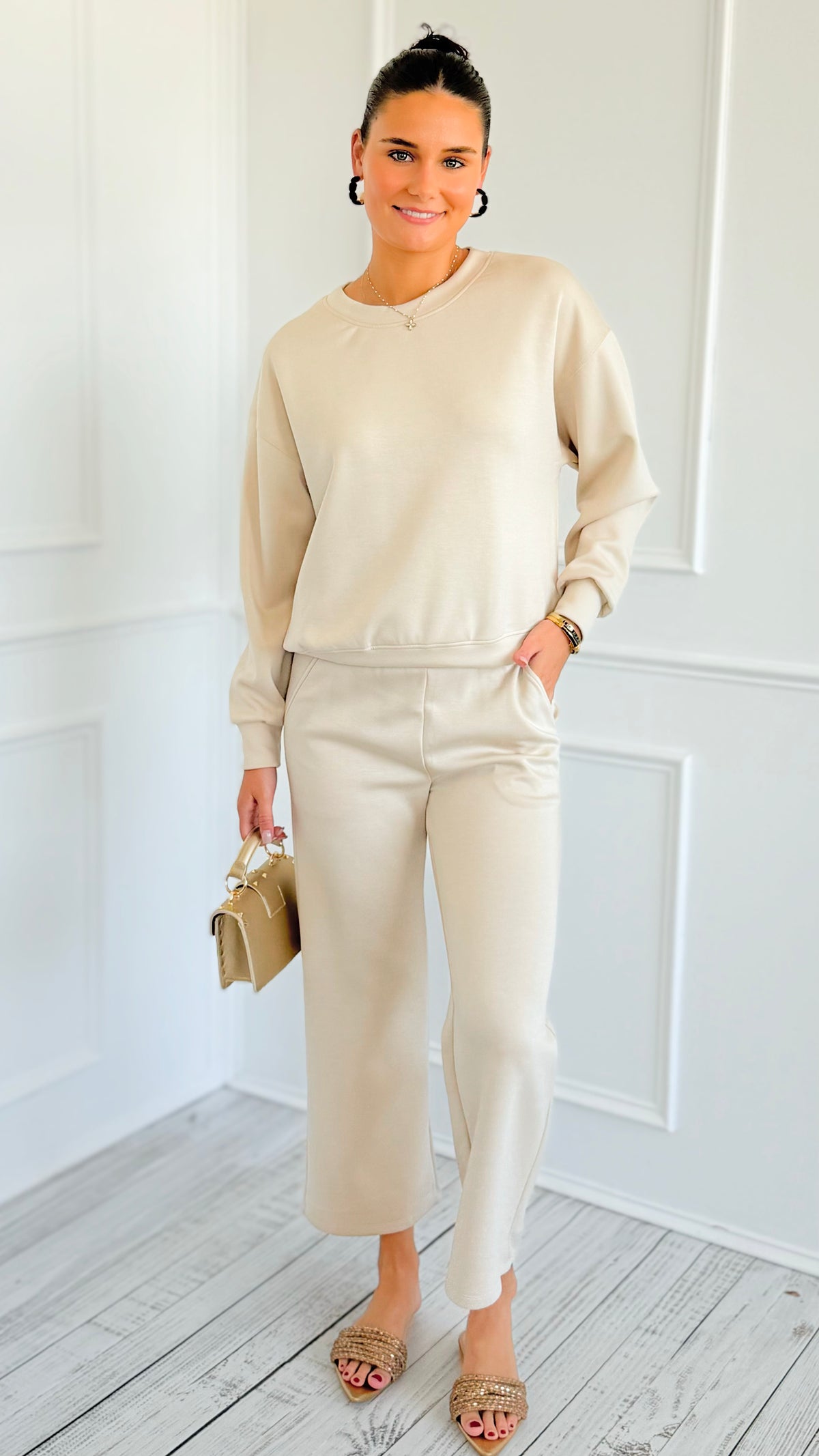 Weekender Ease Scuba 2pc Pant Set - Oatmeal-210 Loungewear/Sets-YELETE-Coastal Bloom Boutique, find the trendiest versions of the popular styles and looks Located in Indialantic, FL