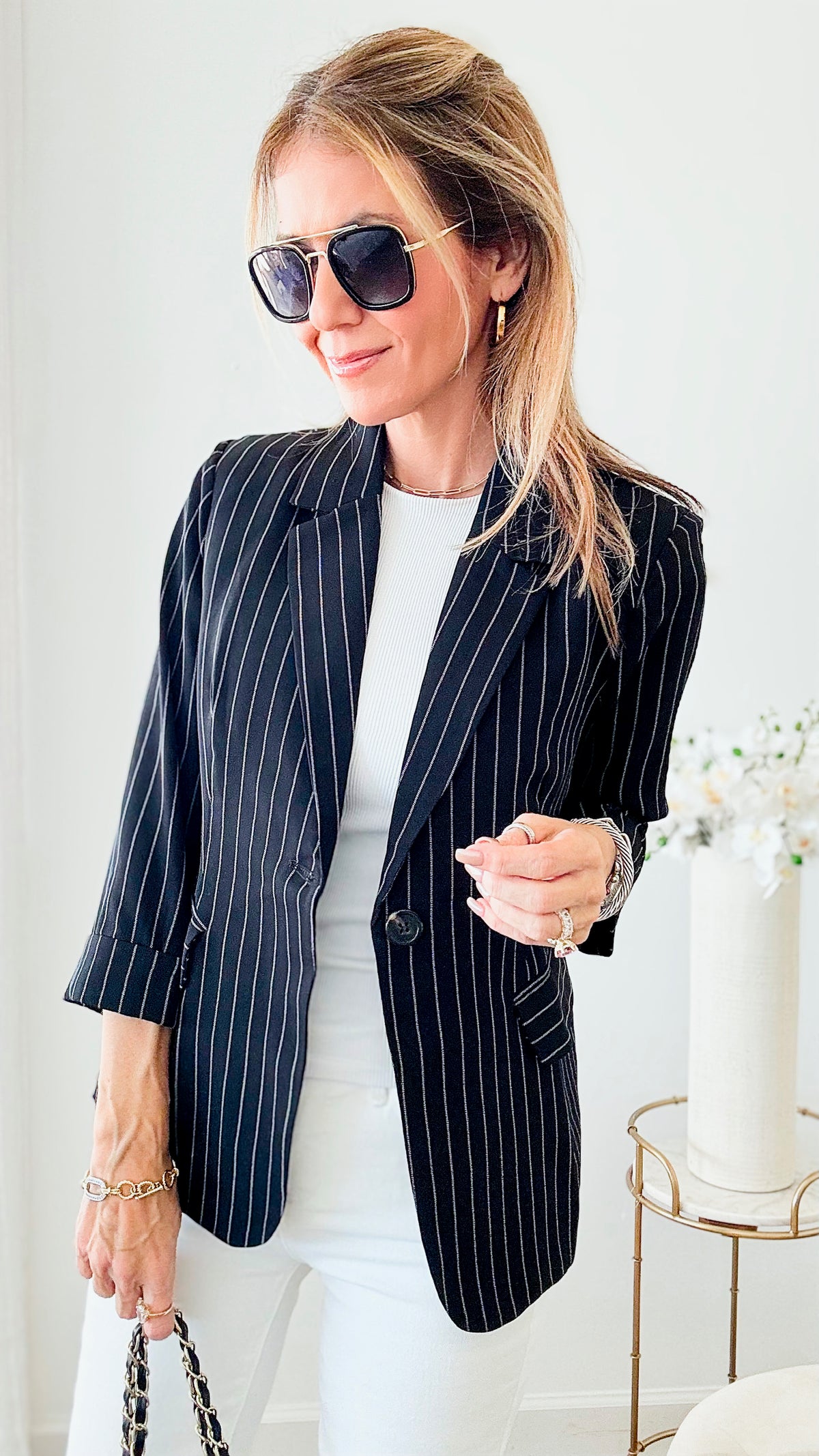 Striped Button Closure Jacket-160 Jackets-HIGH MJ / Michel-Coastal Bloom Boutique, find the trendiest versions of the popular styles and looks Located in Indialantic, FL