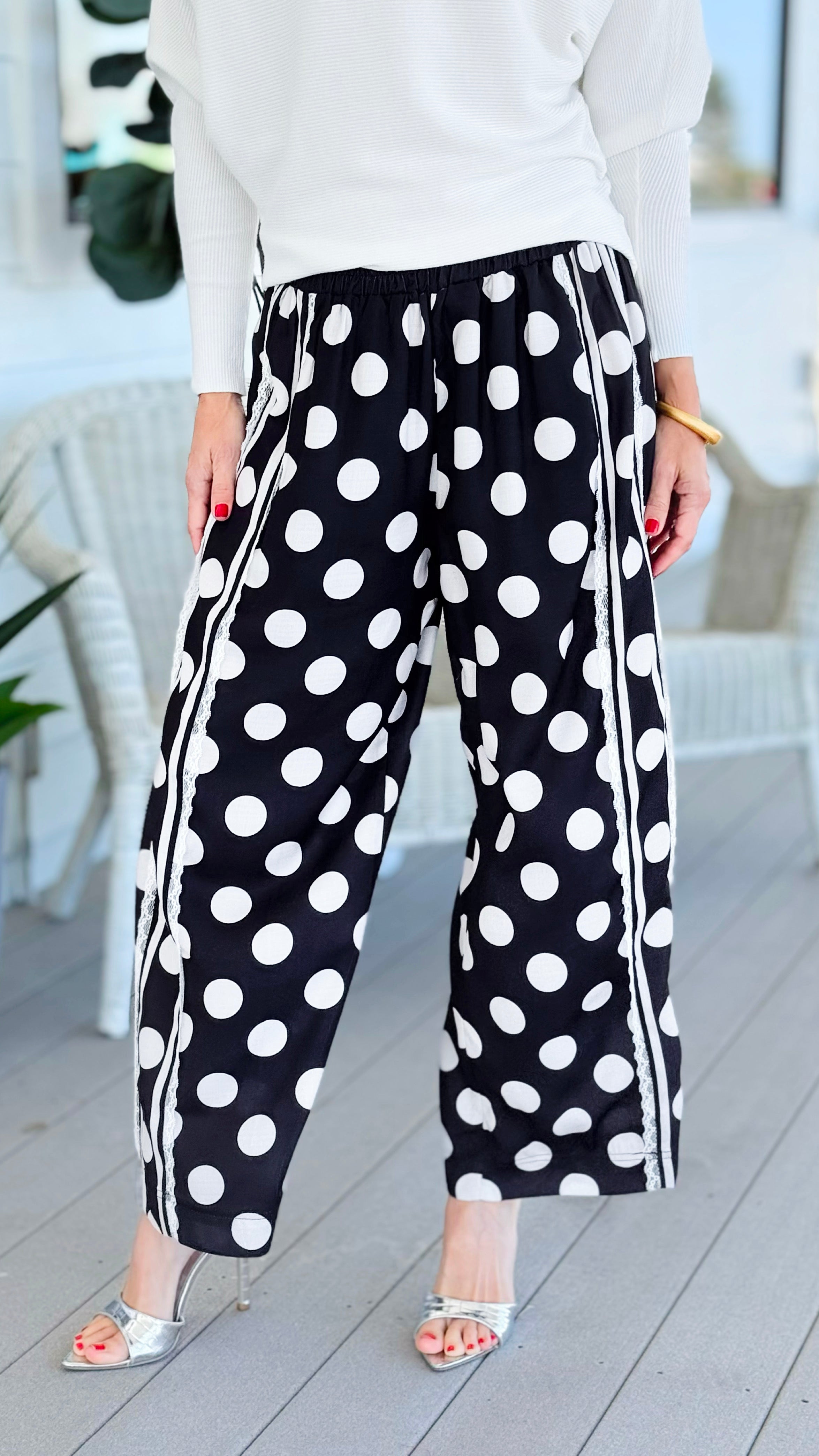 Playful Dot Lace Trim Wide Leg Pants - Black
