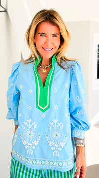 Floral Garden Embroidered Puff Sleeve Blouse - Blue