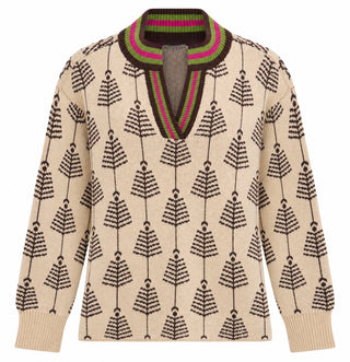 Tree Print Split Neck Top
