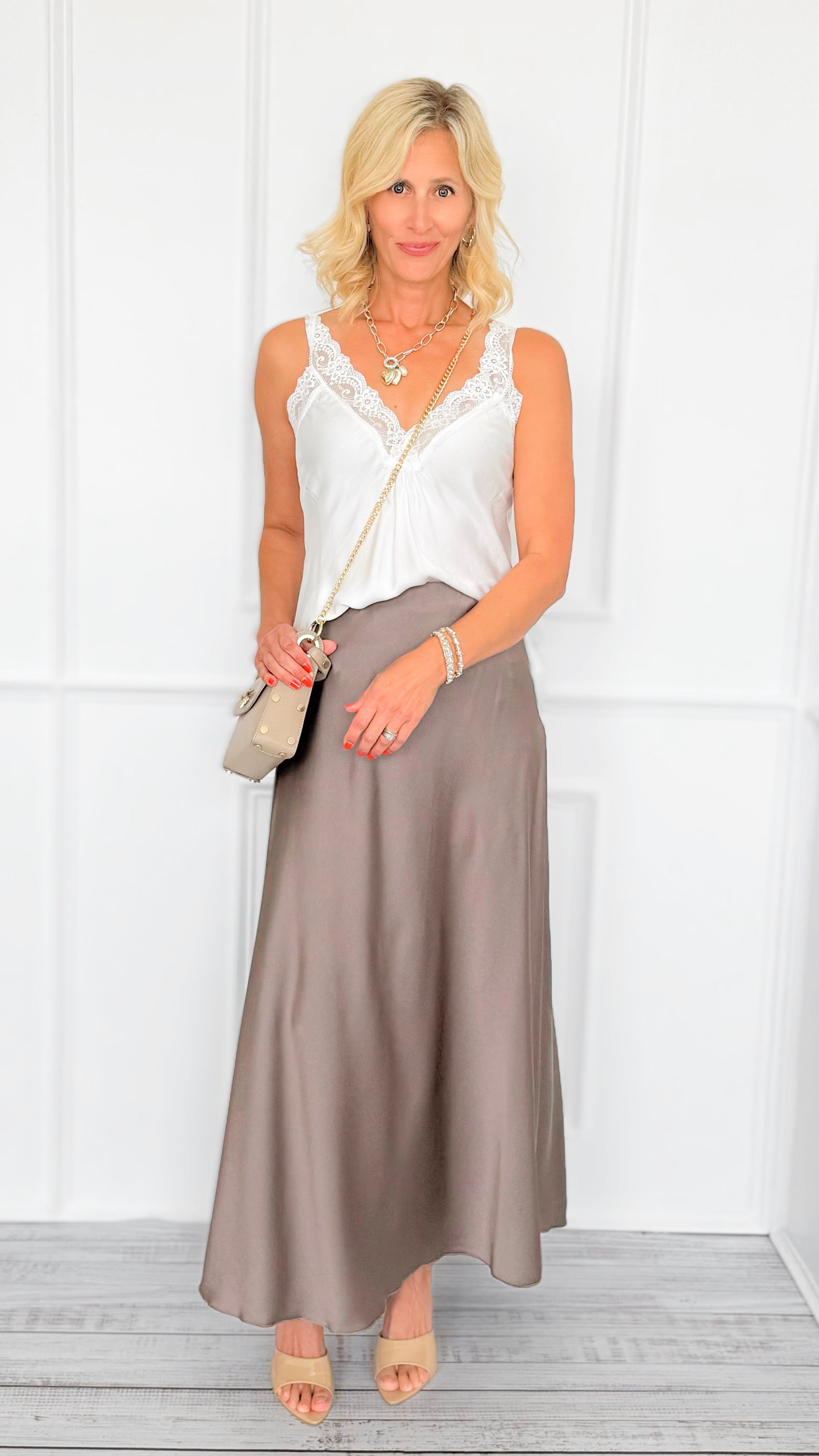 Isabella Italian Skirt- Taupe-170 Bottoms-SEE YOU IN ROME-Coastal Bloom Boutique, find the trendiest versions of the popular styles and looks Located in Indialantic, FL