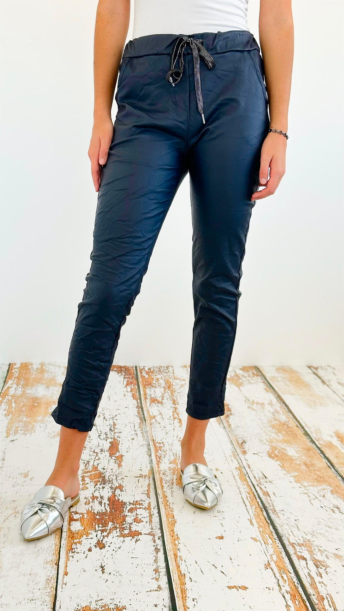 City Lights Faux Leather Italian Jogger- Navy-180 Joggers-Italianissimo-Coastal Bloom Boutique, find the trendiest versions of the popular styles and looks Located in Indialantic, FL