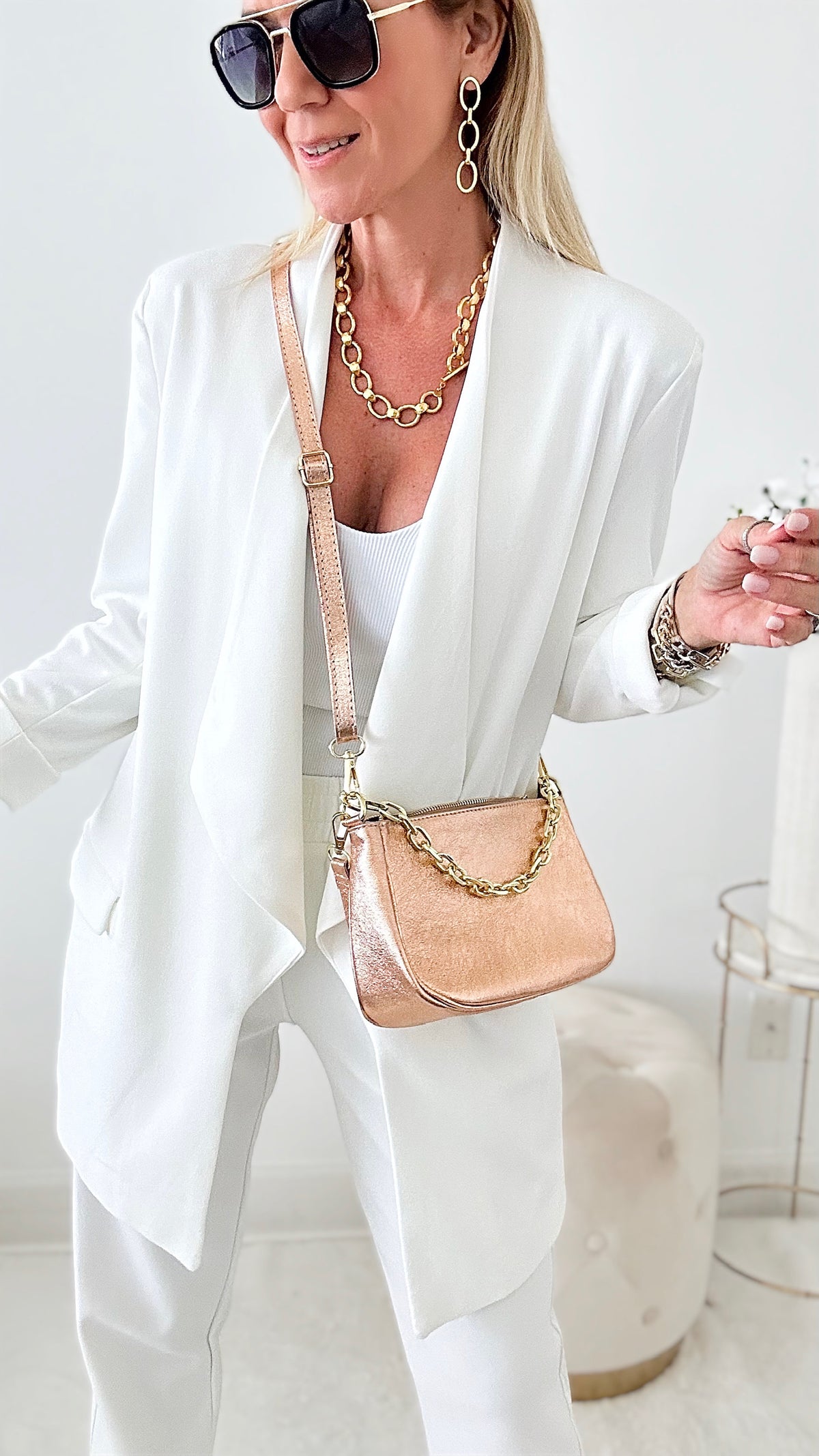 Genuine Leather Metallic Baguette Bag - Rose Gold-240 Bags-Chenson & Gorett-Coastal Bloom Boutique, find the trendiest versions of the popular styles and looks Located in Indialantic, FL