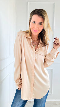 Luxe Satin Dream Blouse Top - Beige-130 Long Sleeve Tops-Michel-Coastal Bloom Boutique, find the trendiest versions of the popular styles and looks Located in Indialantic, FL